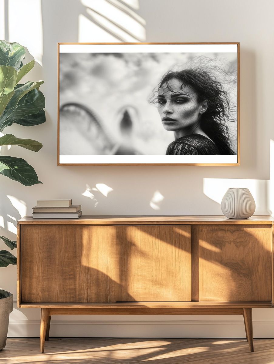 Moody Woman Portrait Black-White Poster. — room view 3