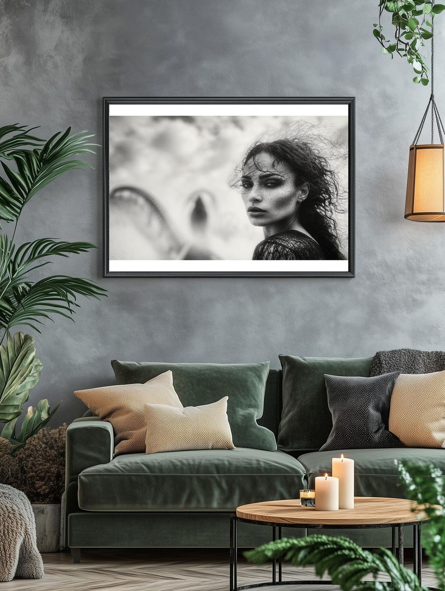 Moody Woman Portrait Black-White Poster. — room view 4