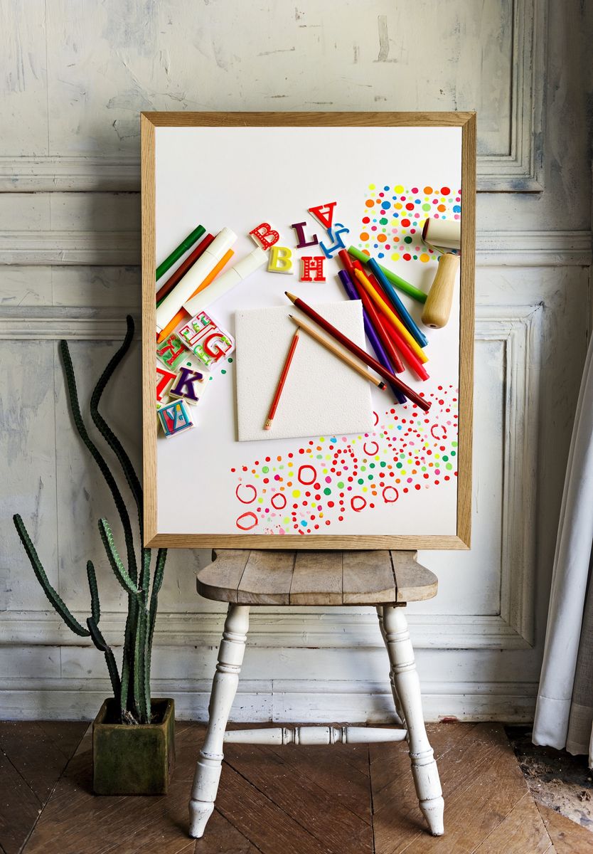 Colorful Art Supplies Still Life Poster. — room view 1