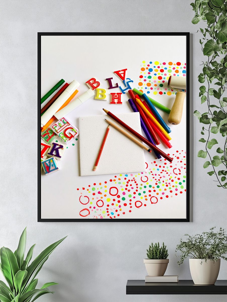 Colorful Art Supplies Still Life Poster. — room view 4