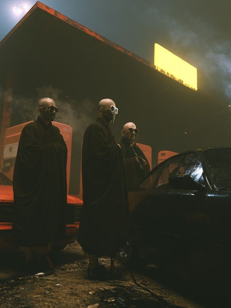 Masked Figures at Gas Station Poster. poster detail