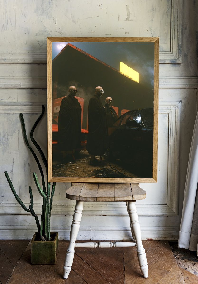 Masked Figures at Gas Station Poster. — room view 1