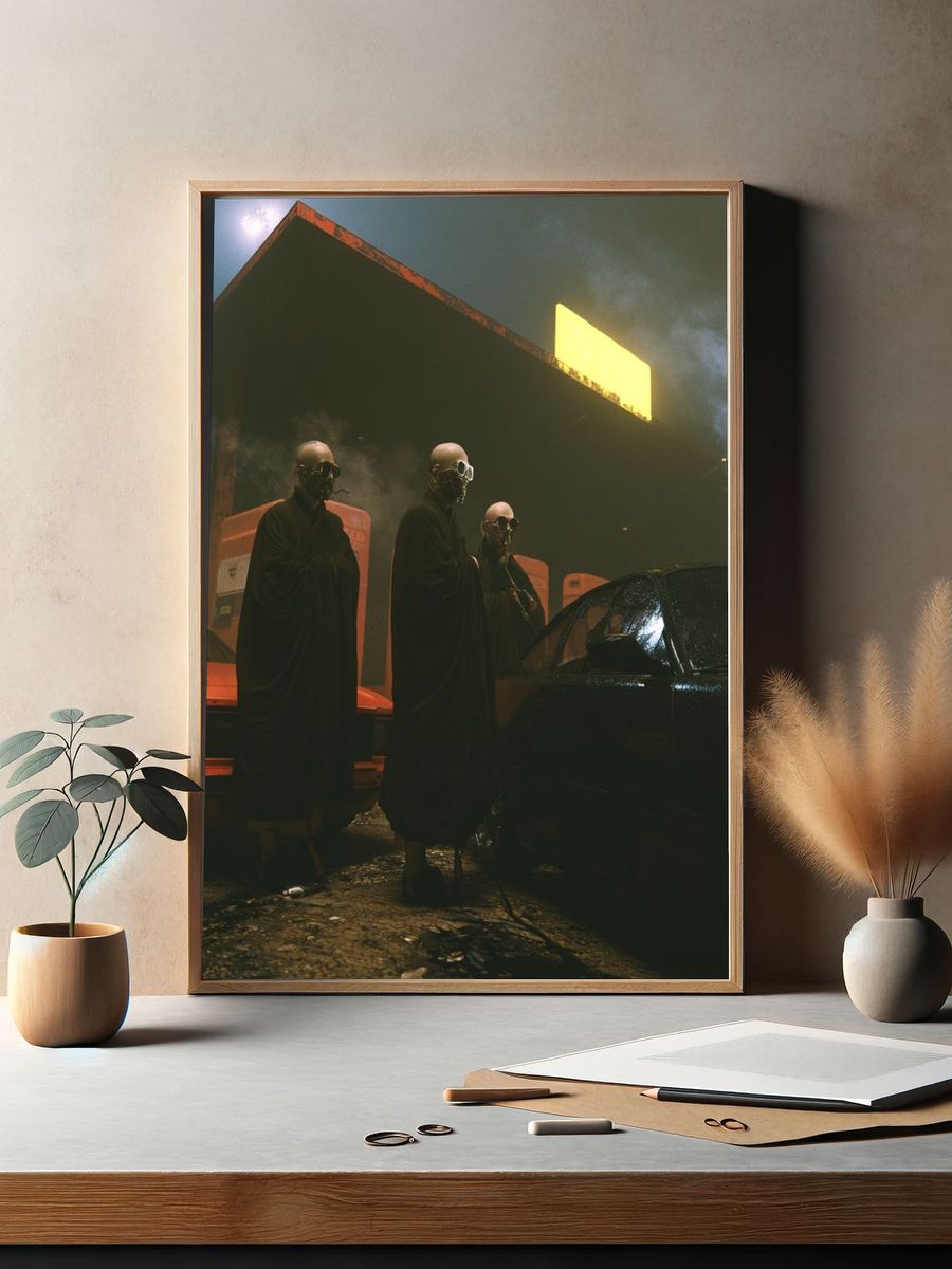 Masked Figures at Gas Station Poster. — room view 2