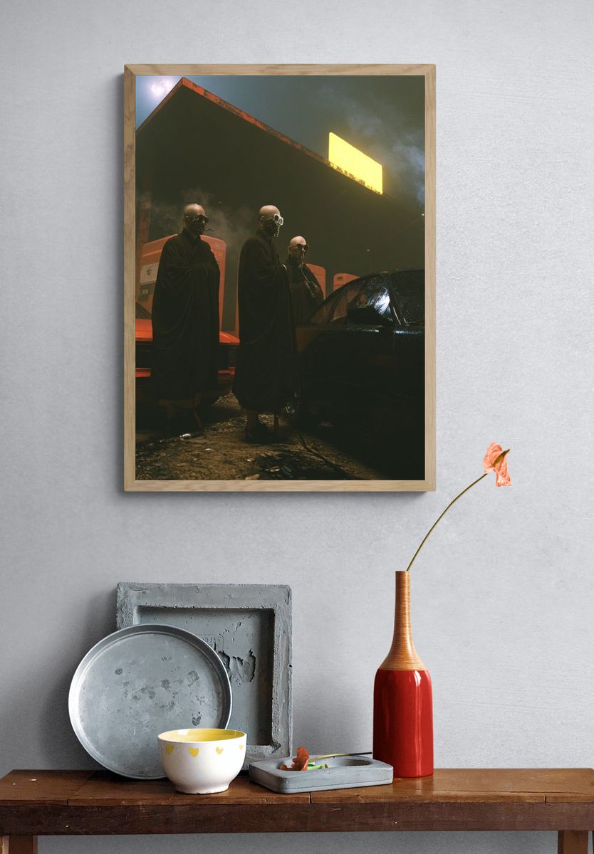 Masked Figures at Gas Station Poster. — room view 3