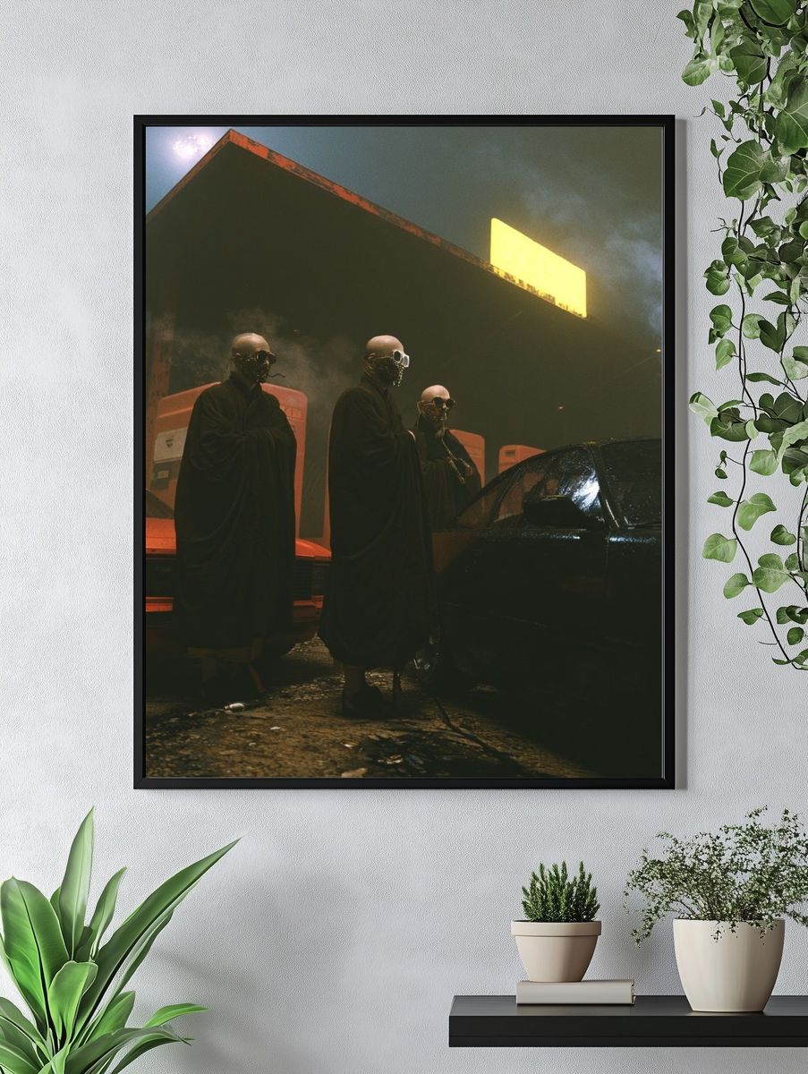 Masked Figures at Gas Station Poster. — room view 4