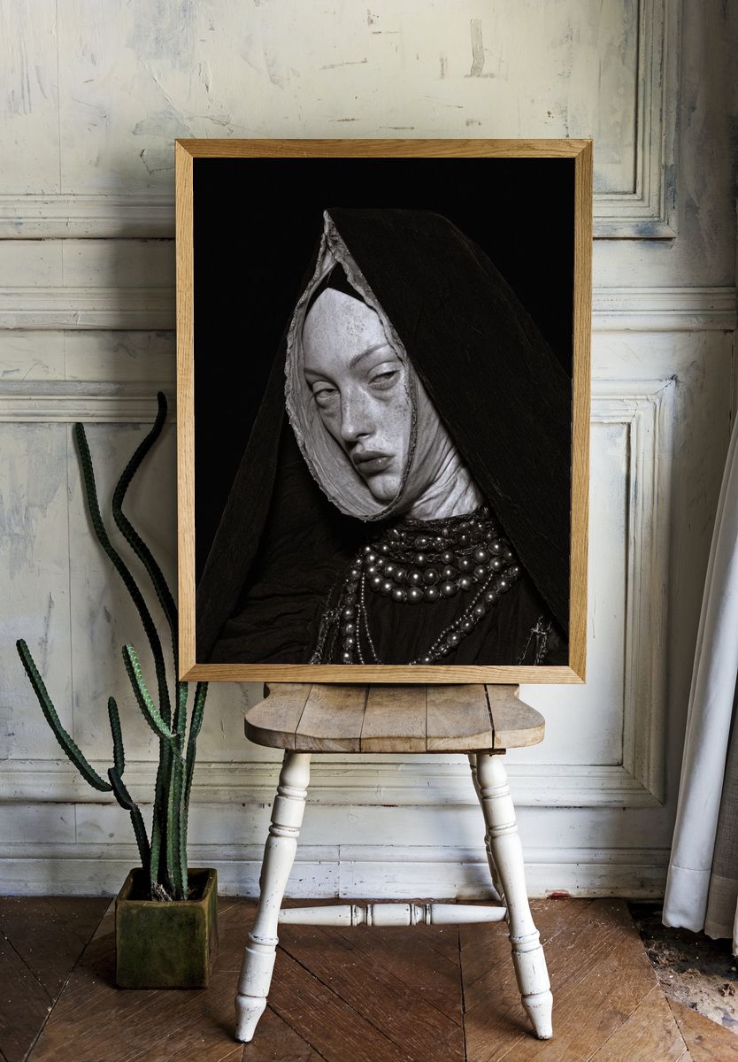 Monochrome Portrait of a Veiled Woman Poster. room preview