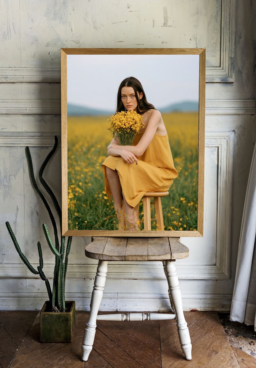Woman in Yellow Field Photography Poster. — room view 1