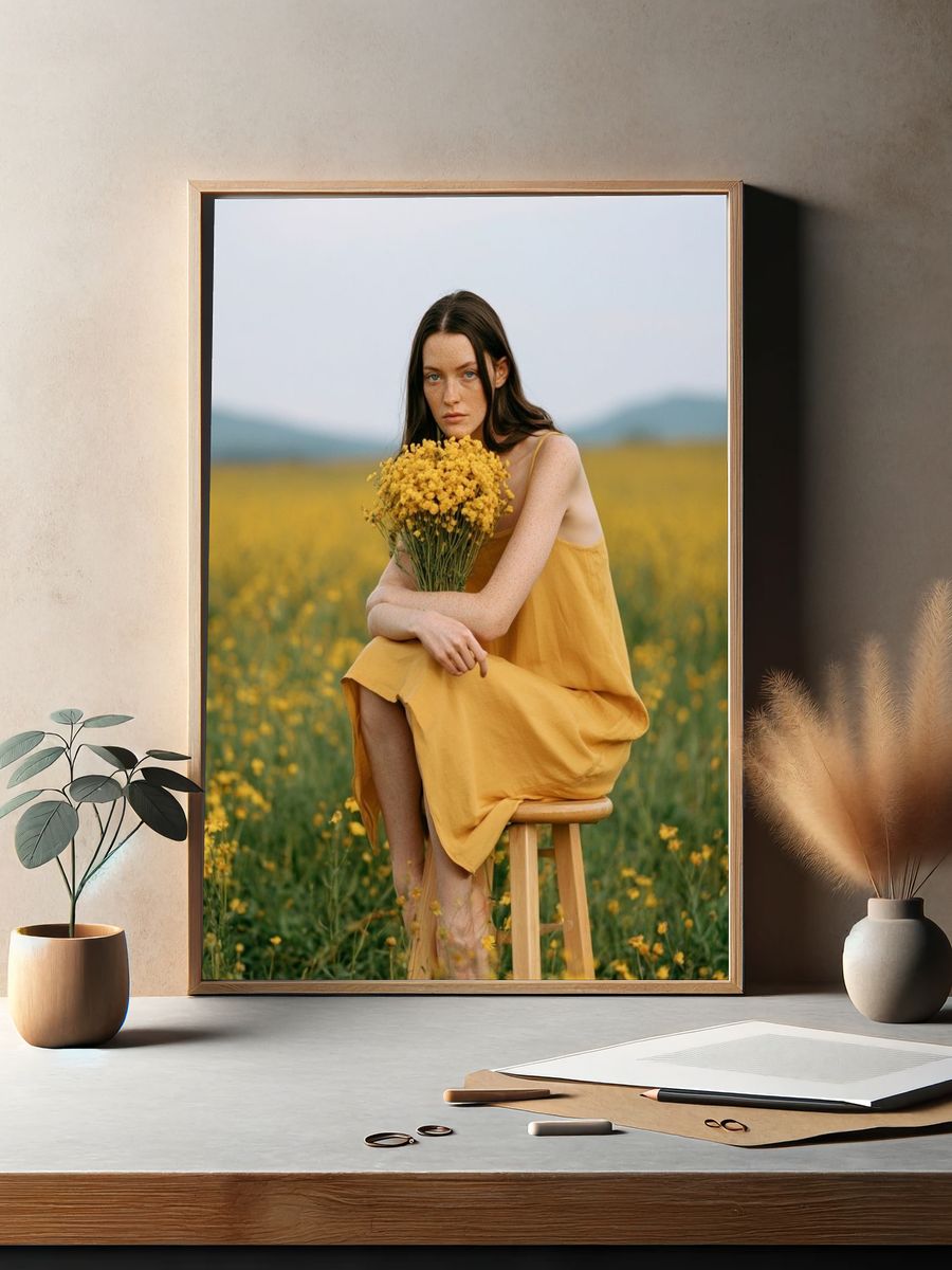 Woman in Yellow Field Photography Poster. — room view 2