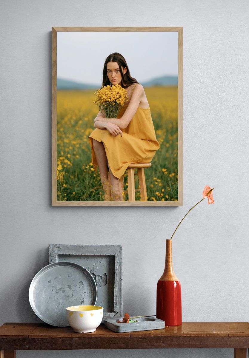 Woman in Yellow Field Photography Poster. — room view 3