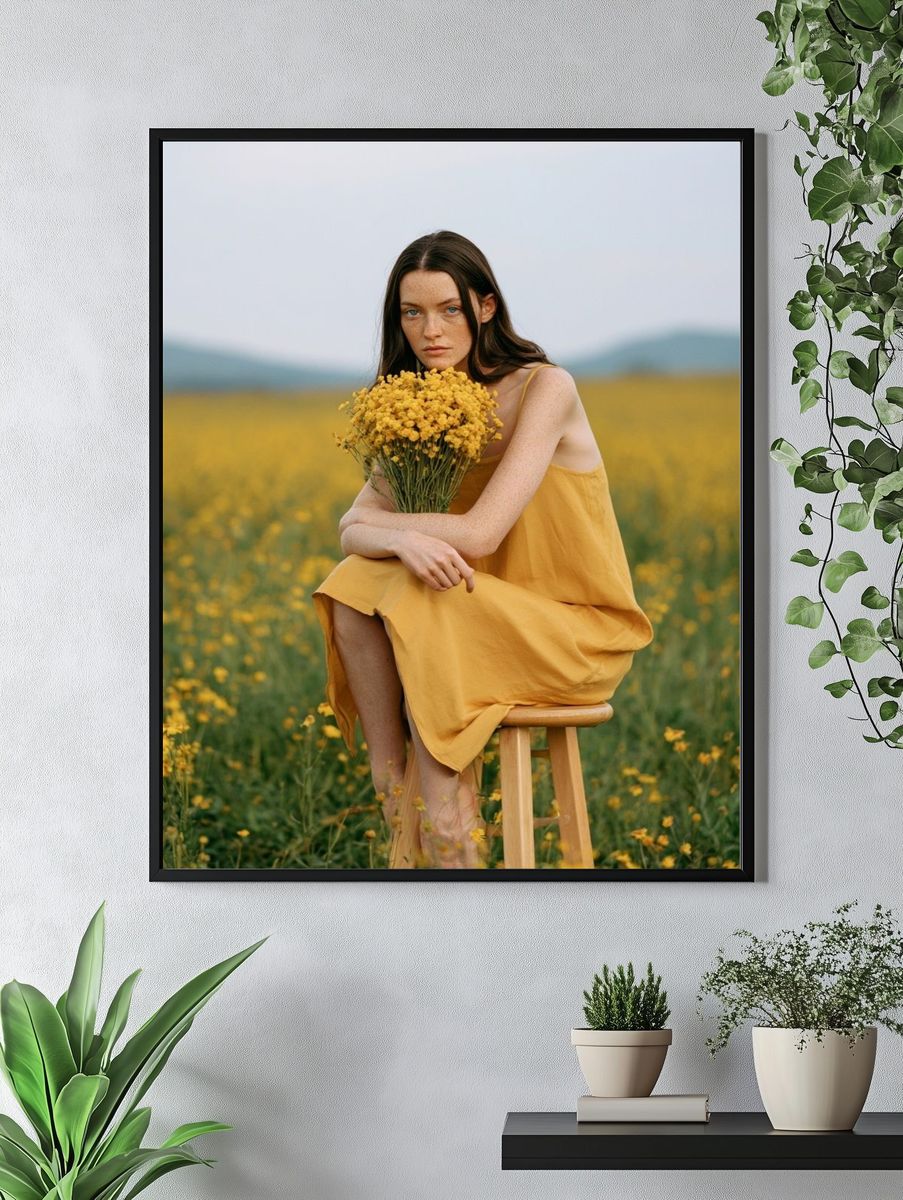 Woman in Yellow Field Photography Poster. — room view 4