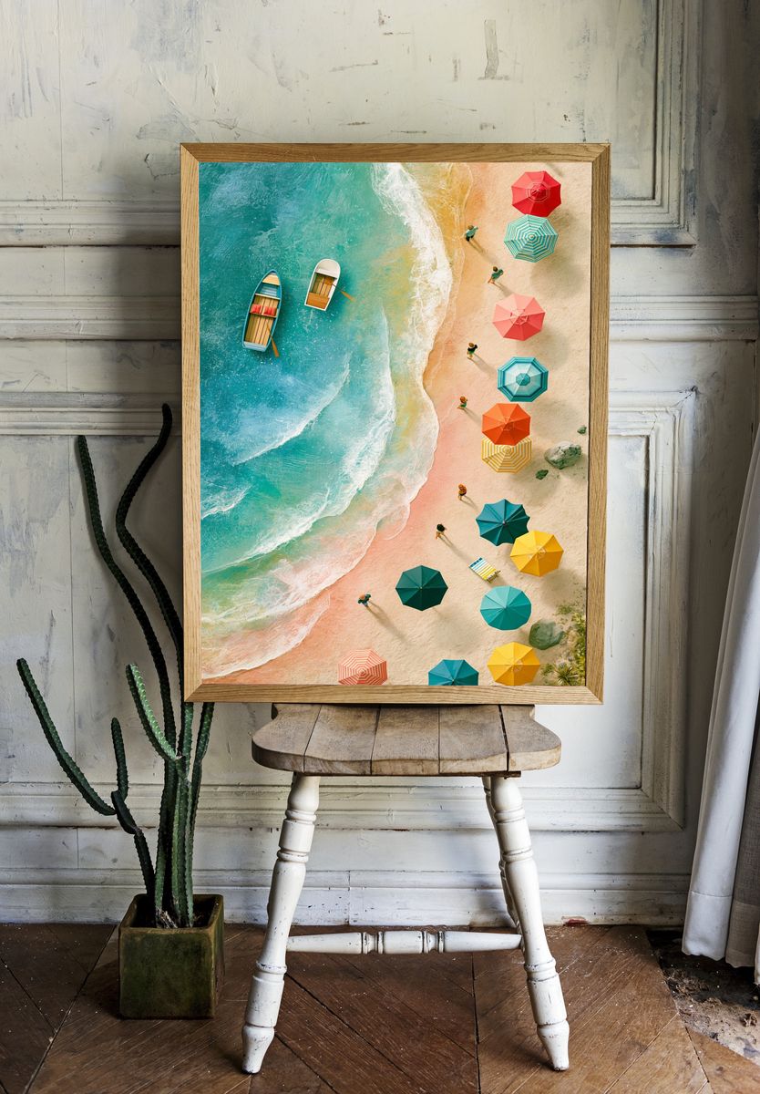 Tropical Beach Umbrellas Photography Poster. — room view 1