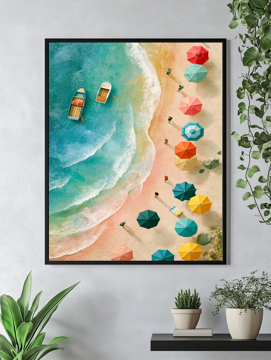 Tropical Beach Umbrellas Photography Poster. — room view 4