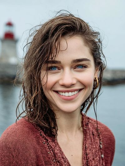 Smiling Woman by the Lighthouse Portrait Print. poster print