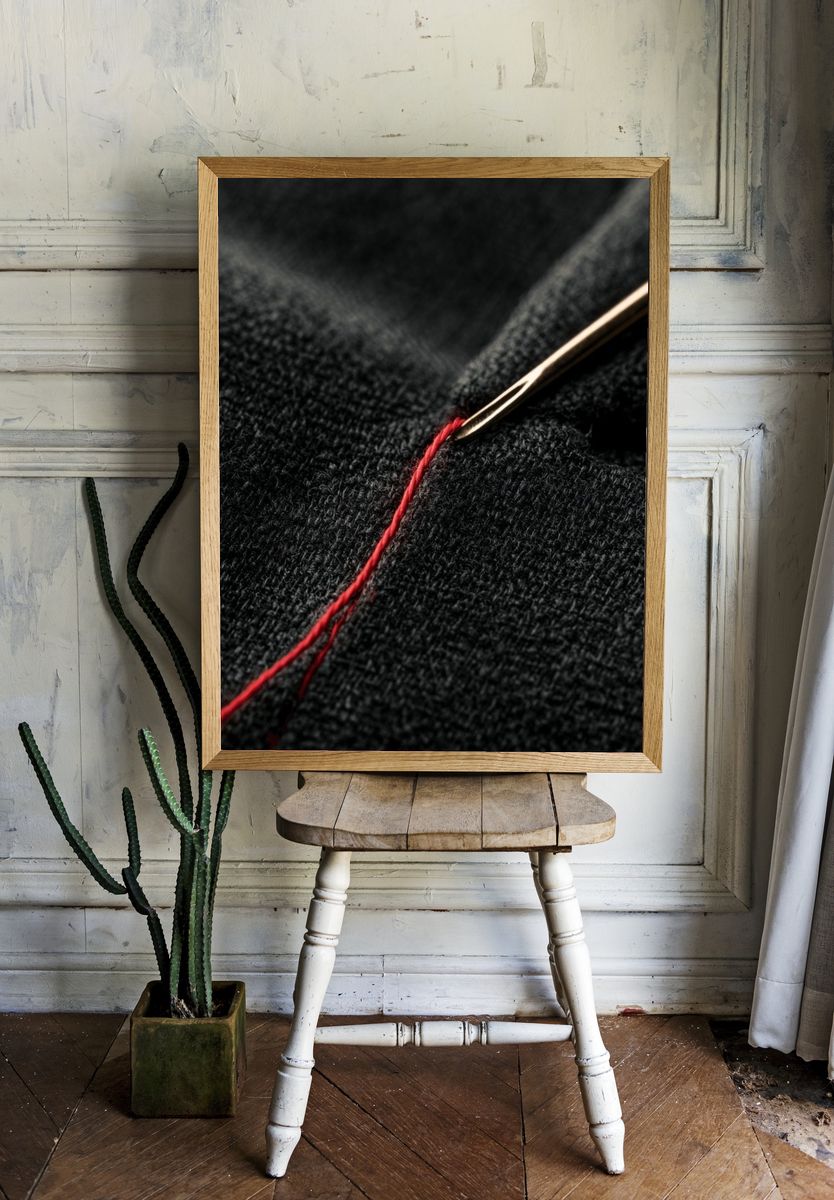 Red Thread Sewing Macro Print. room preview