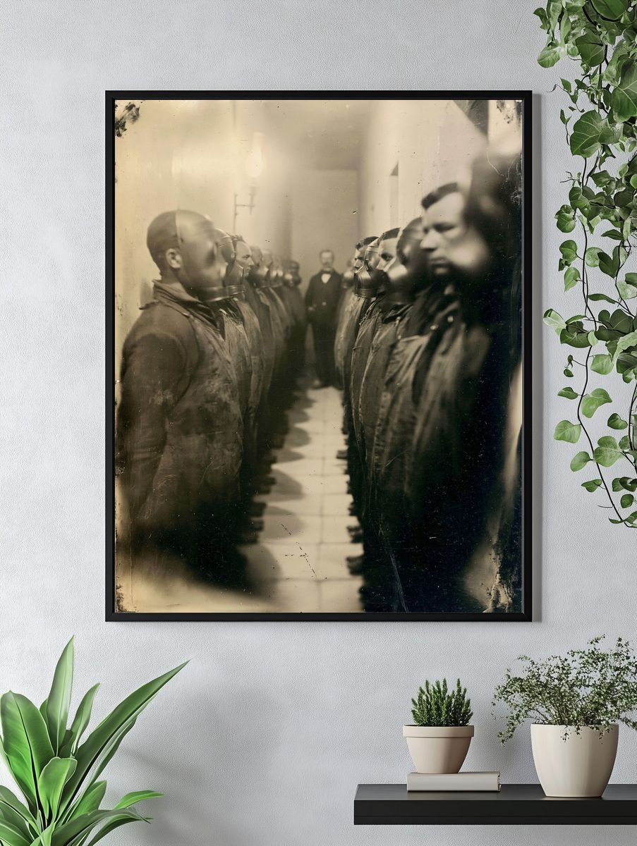 Gas Mask Lineup Vintage Photography Poster. — room view 4