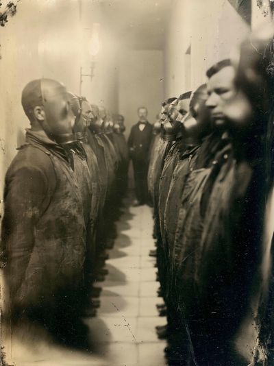 Gas Mask Lineup Vintage Photography Poster. poster print