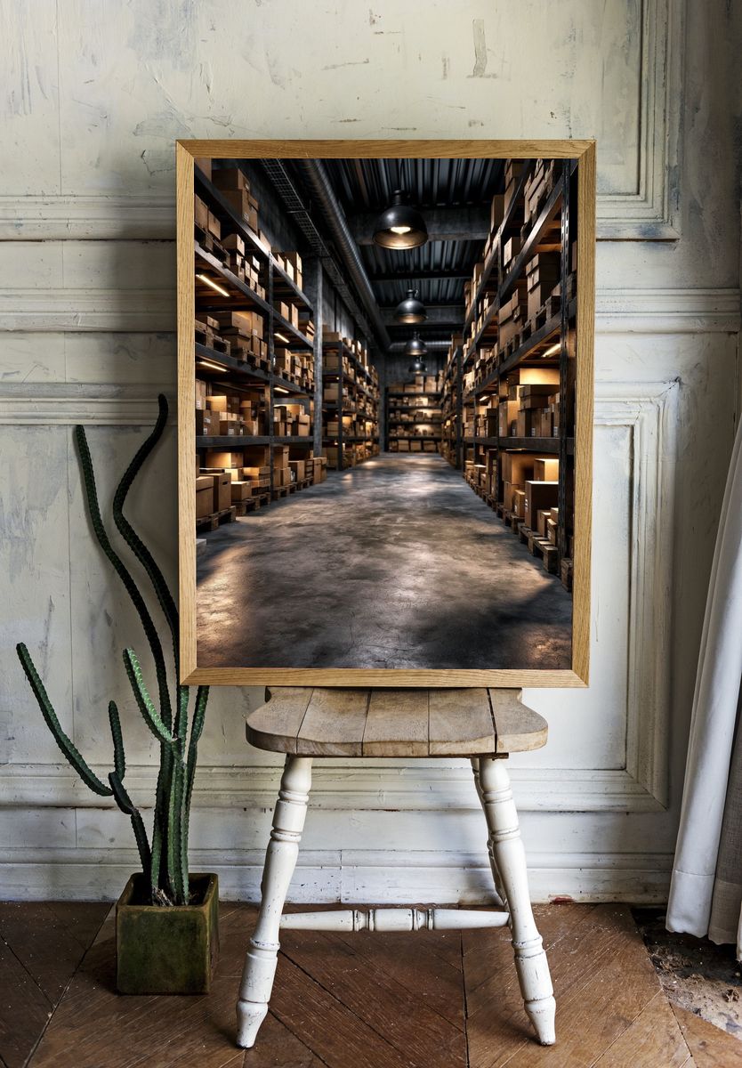 Industrial Warehouse Aisle Photography Poster. — room view 1