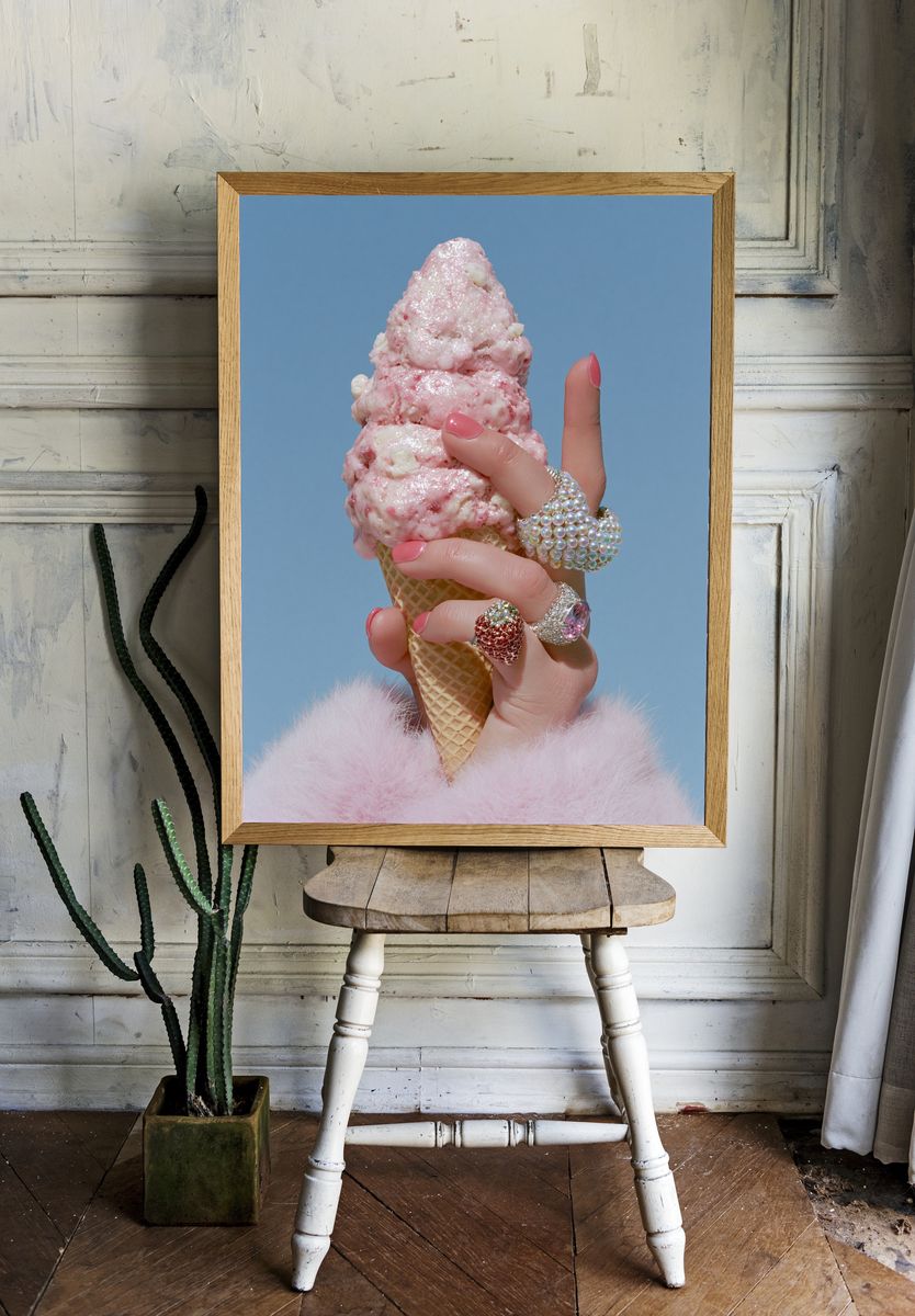 Pink Ice Cream Cone Photography Poster. — room view 1