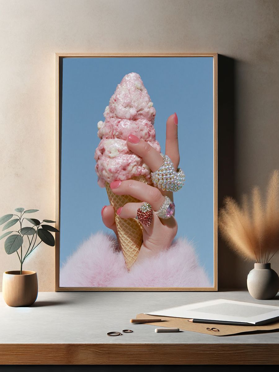 Pink Ice Cream Cone Photography Poster. — room view 2