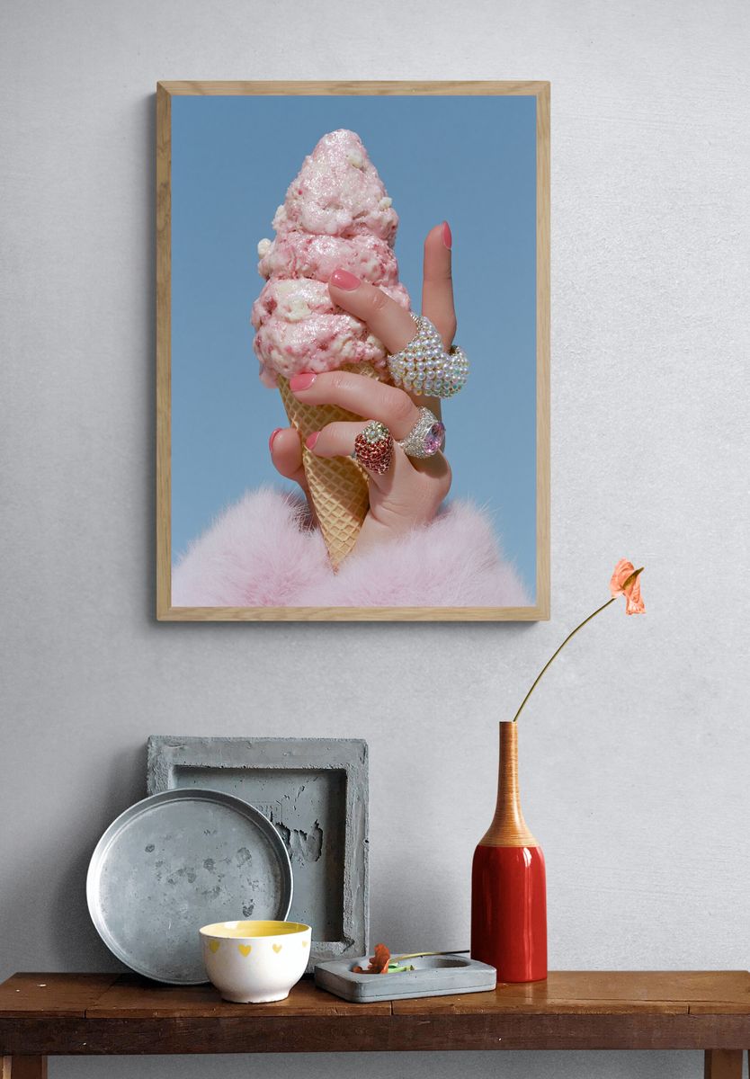 Pink Ice Cream Cone Photography Poster. — room view 3