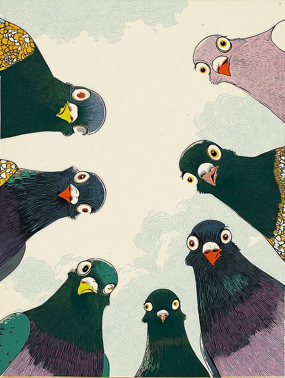 Playful Pigeons Illustration Poster. poster — illustration art