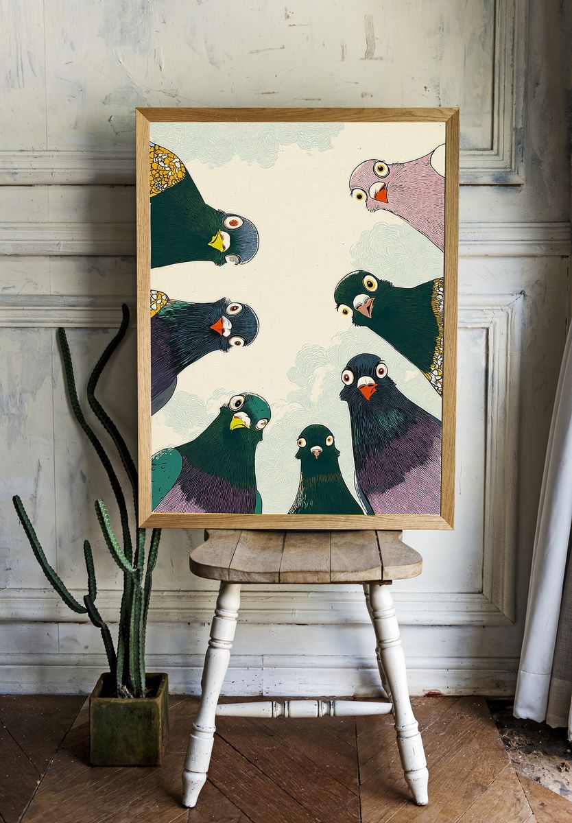 Playful Pigeons Illustration Poster. room preview