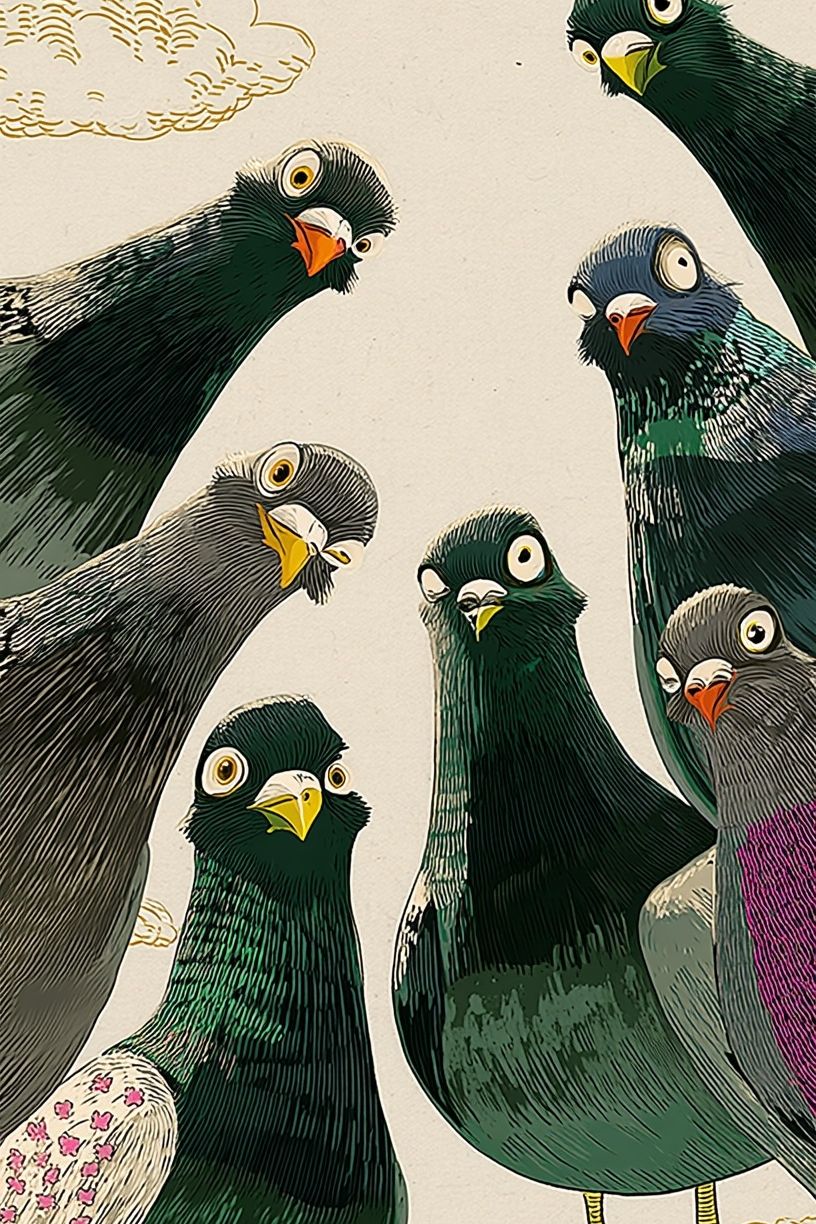 Curious Pigeons — Illustration Print. poster — illustration art
