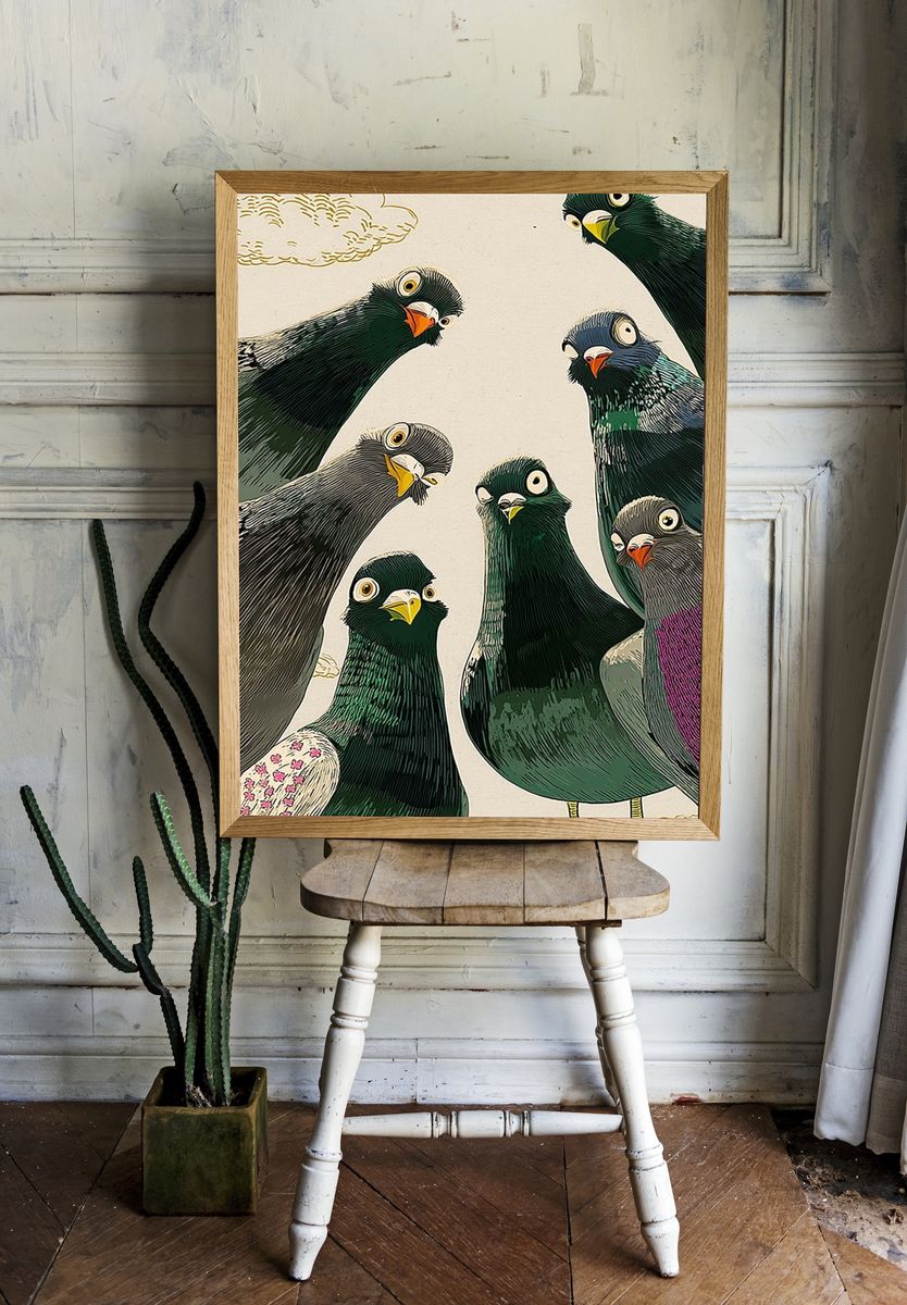 Curious Pigeons — Illustration Print. room preview
