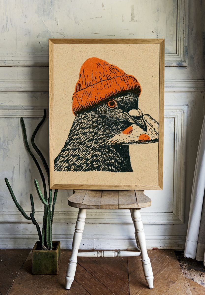 Pigeon in Orange Beanie Print. — room view 1