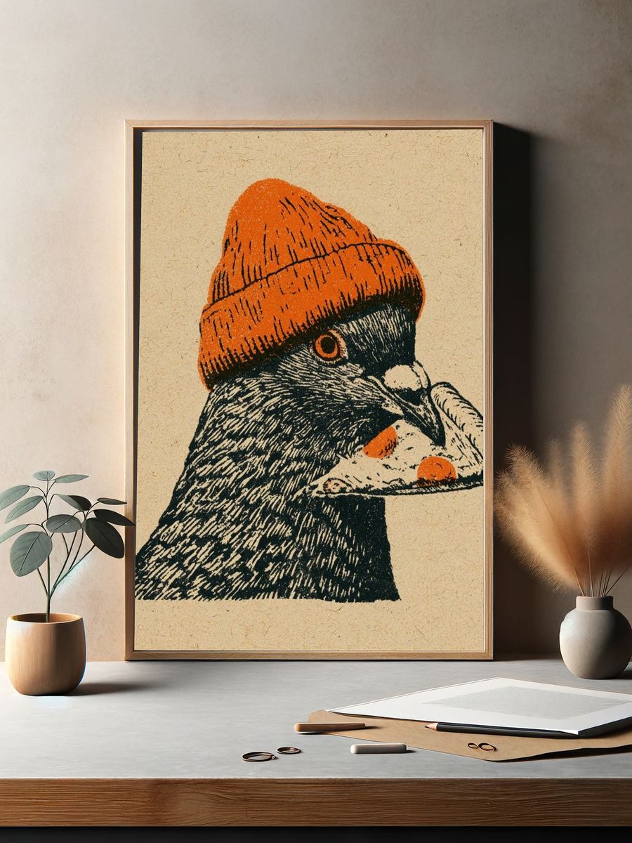 Pigeon in Orange Beanie Print. — room view 2