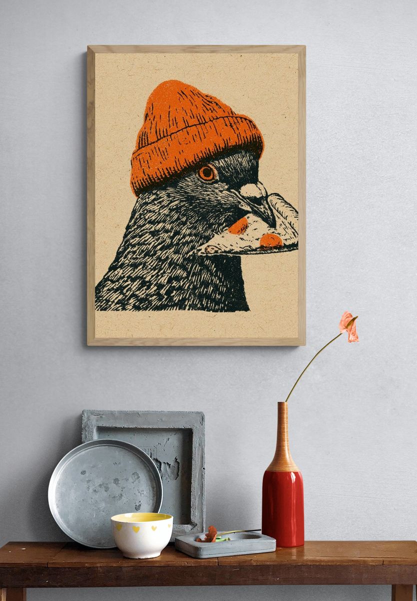 Pigeon in Orange Beanie Print. — room view 3