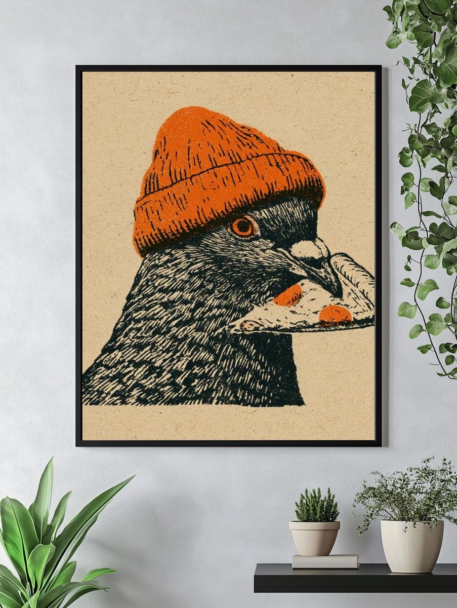 Pigeon in Orange Beanie Print. — room view 4
