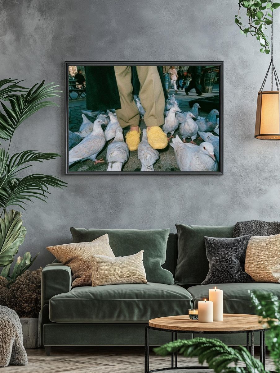 Pigeons and Yellow Slippers Photography Poster. — room view 4