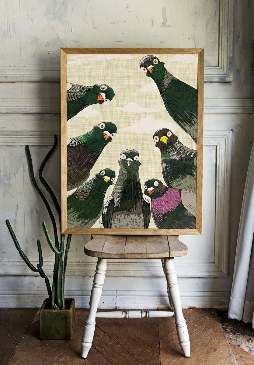 Curious Pigeons — Illustration Print. room preview