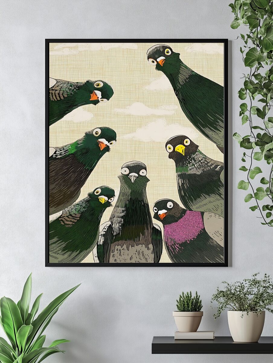 Curious Pigeons — Illustration Print. — room view 4