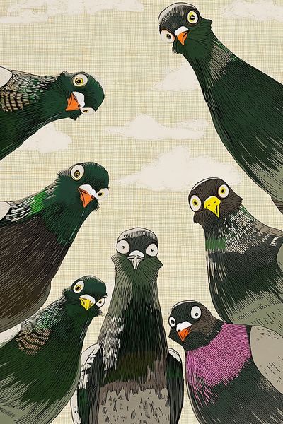 Curious Pigeons — Illustration Print. poster print