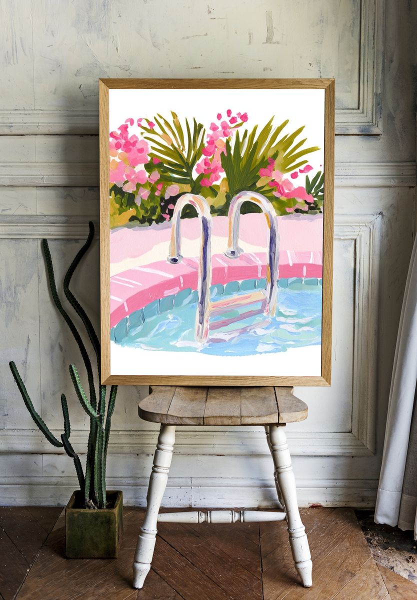 Swimming Pool with Flowers — Illustration Print room preview
