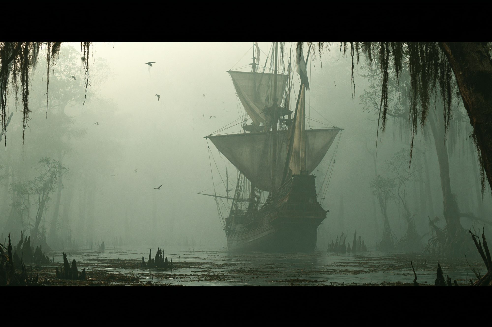 Misty Pirate Ship Swamp Print. poster detail