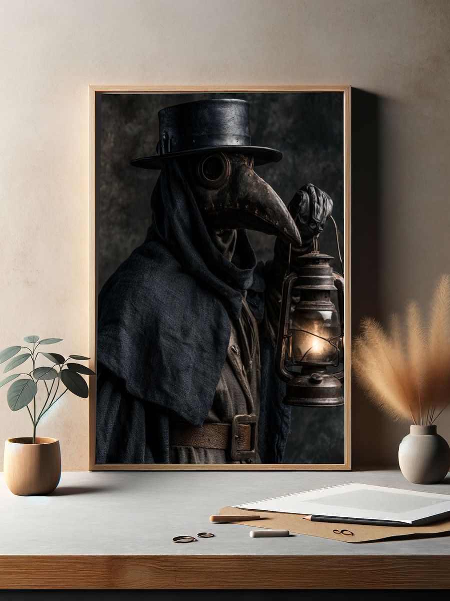 Plague Doctor Lantern Portrait Print. — room view 2