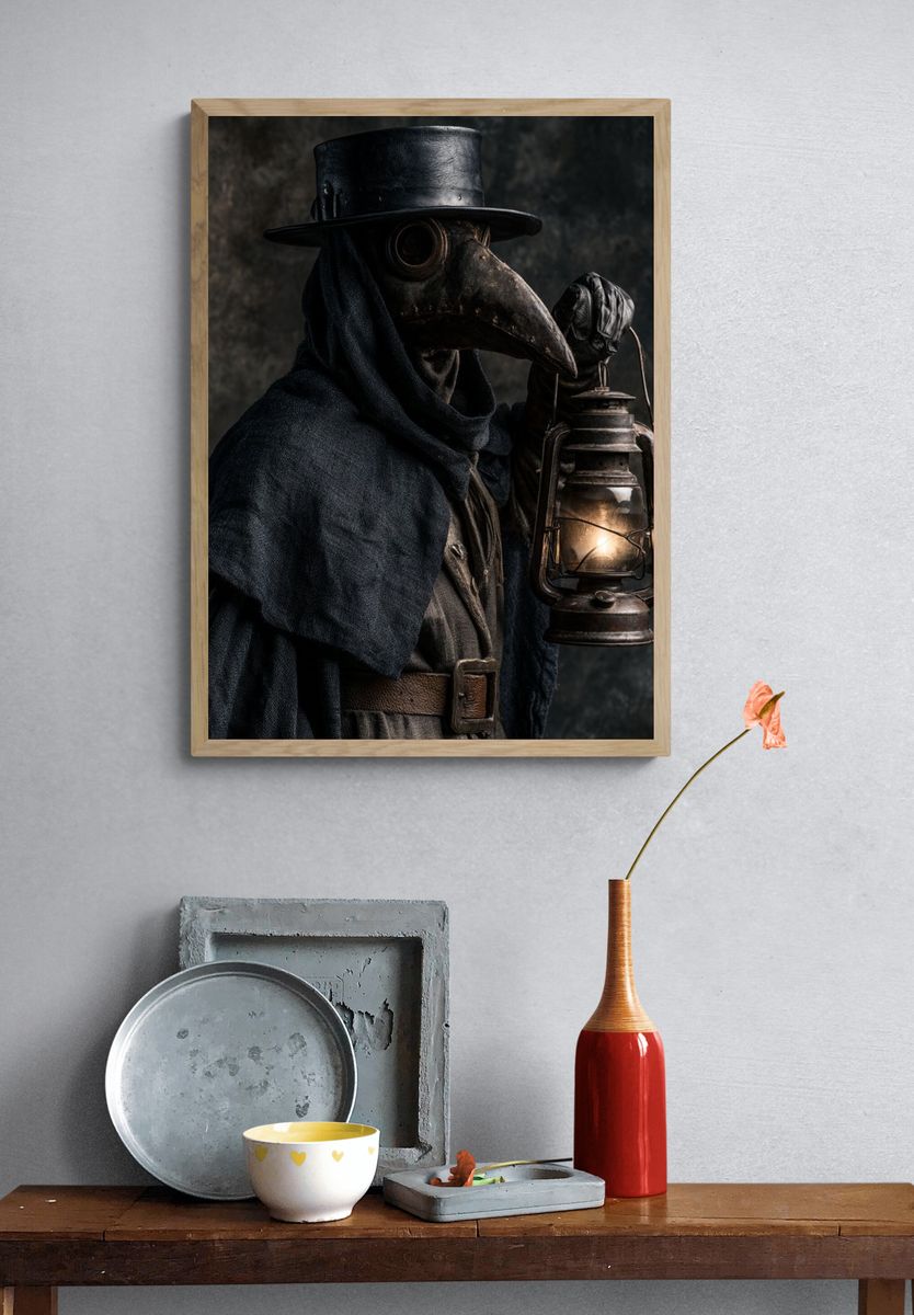 Plague Doctor Lantern Portrait Print. — room view 3