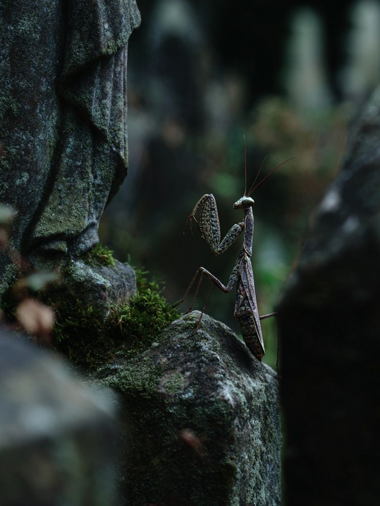 Praying Mantis in Mossy Forest Poster. poster detail