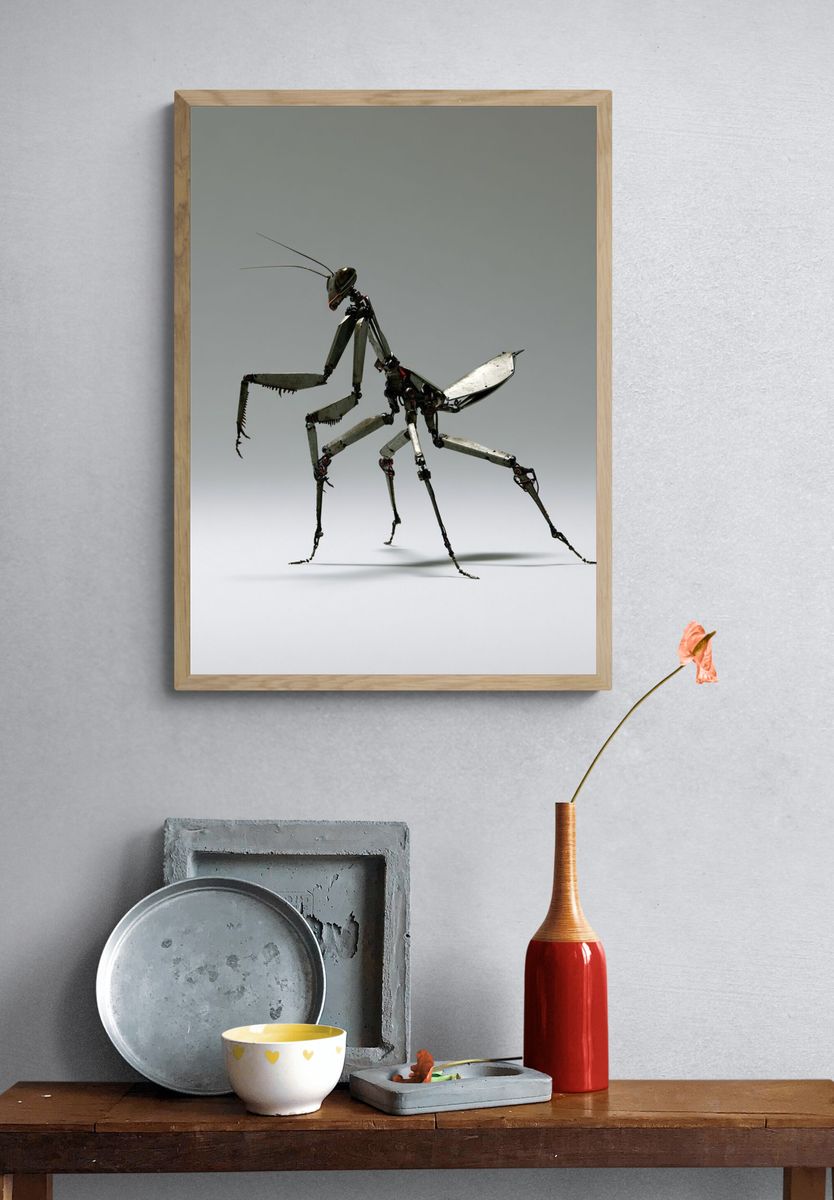 Mechanical Praying Mantis Illustration Poster. — room view 3