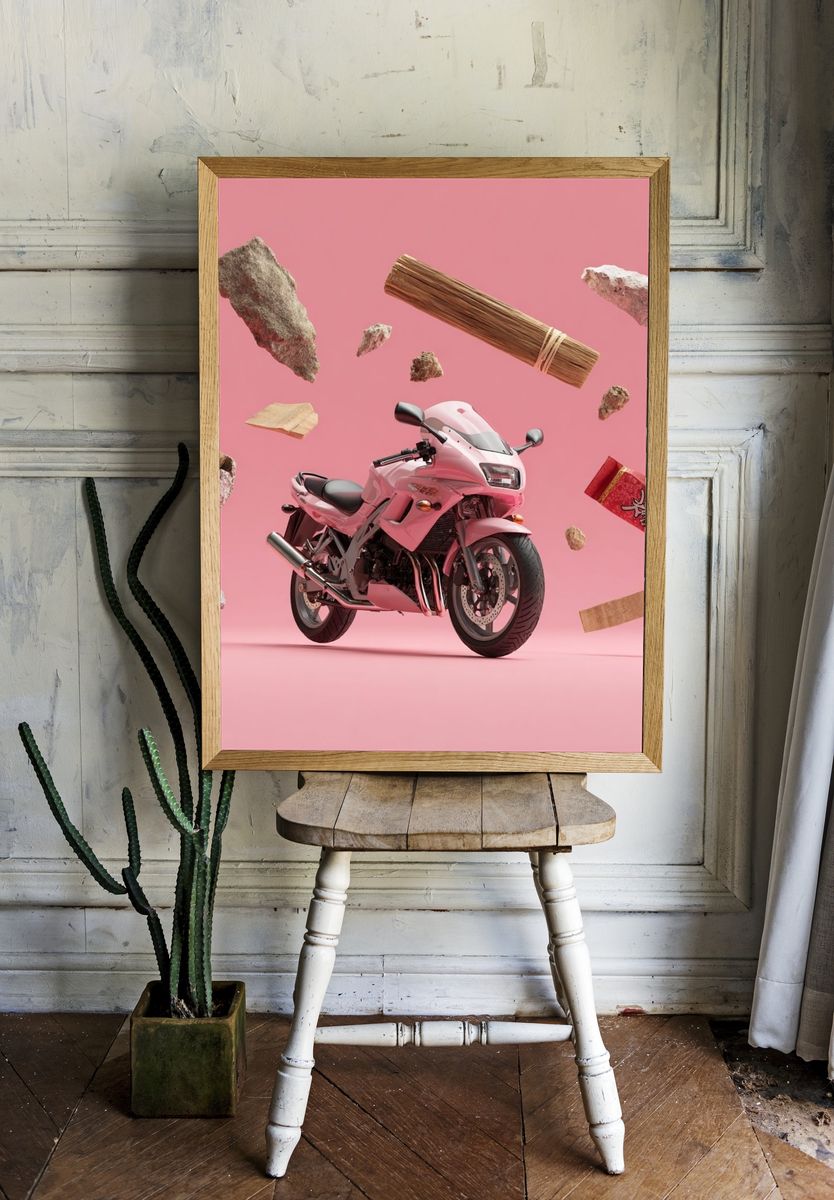 Pink Motorcycle Surreal Illustration Poster. room preview