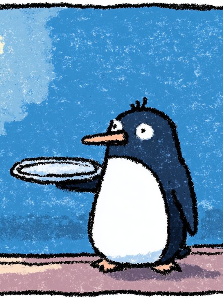 Penguin with Plate — Cartoon Print. poster — illustration art