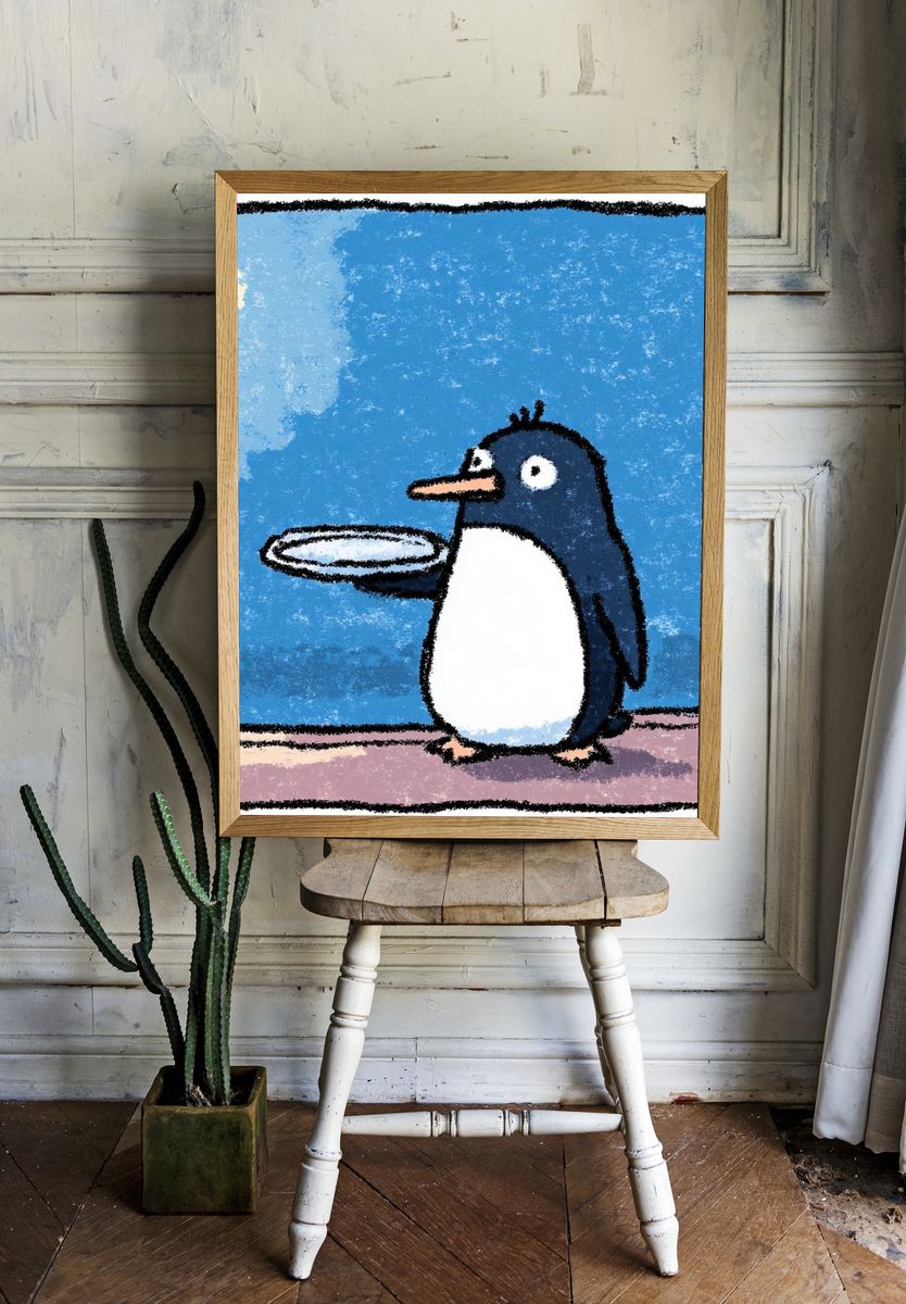 Penguin with Plate — Cartoon Print. — room view 1