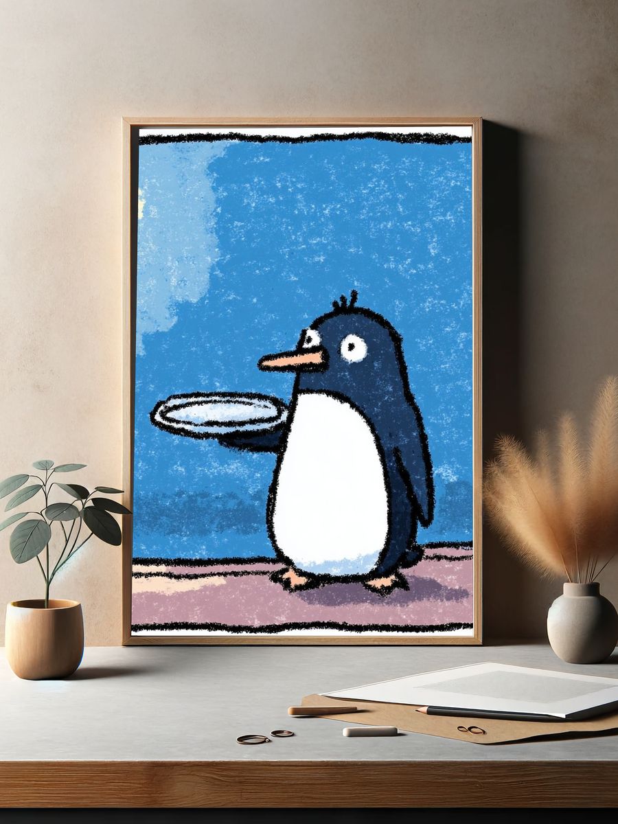 Penguin with Plate — Cartoon Print. — room view 2
