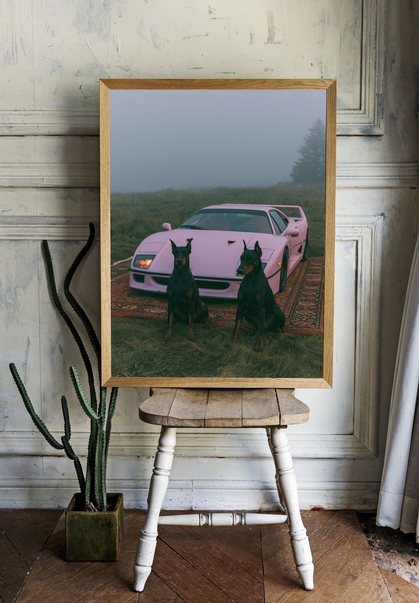 Pink Sports Car with Dobermans Poster. — room view 1