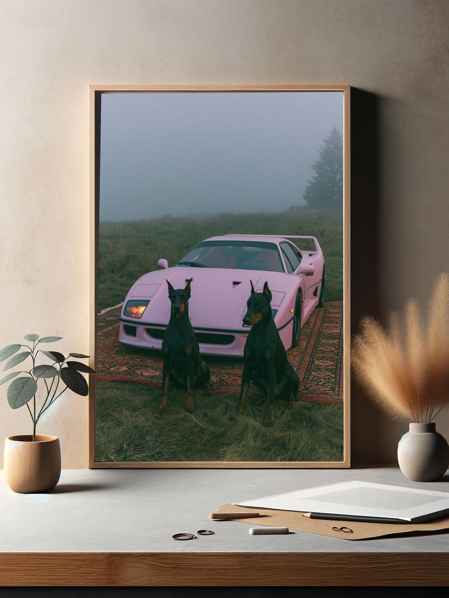 Pink Sports Car with Dobermans Poster. — room view 2
