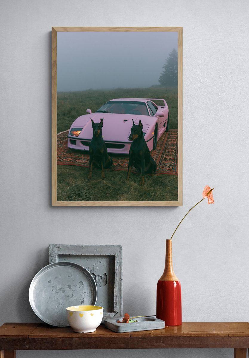 Pink Sports Car with Dobermans Poster. — room view 3
