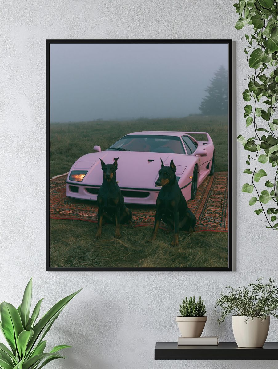 Pink Sports Car with Dobermans Poster. — room view 4